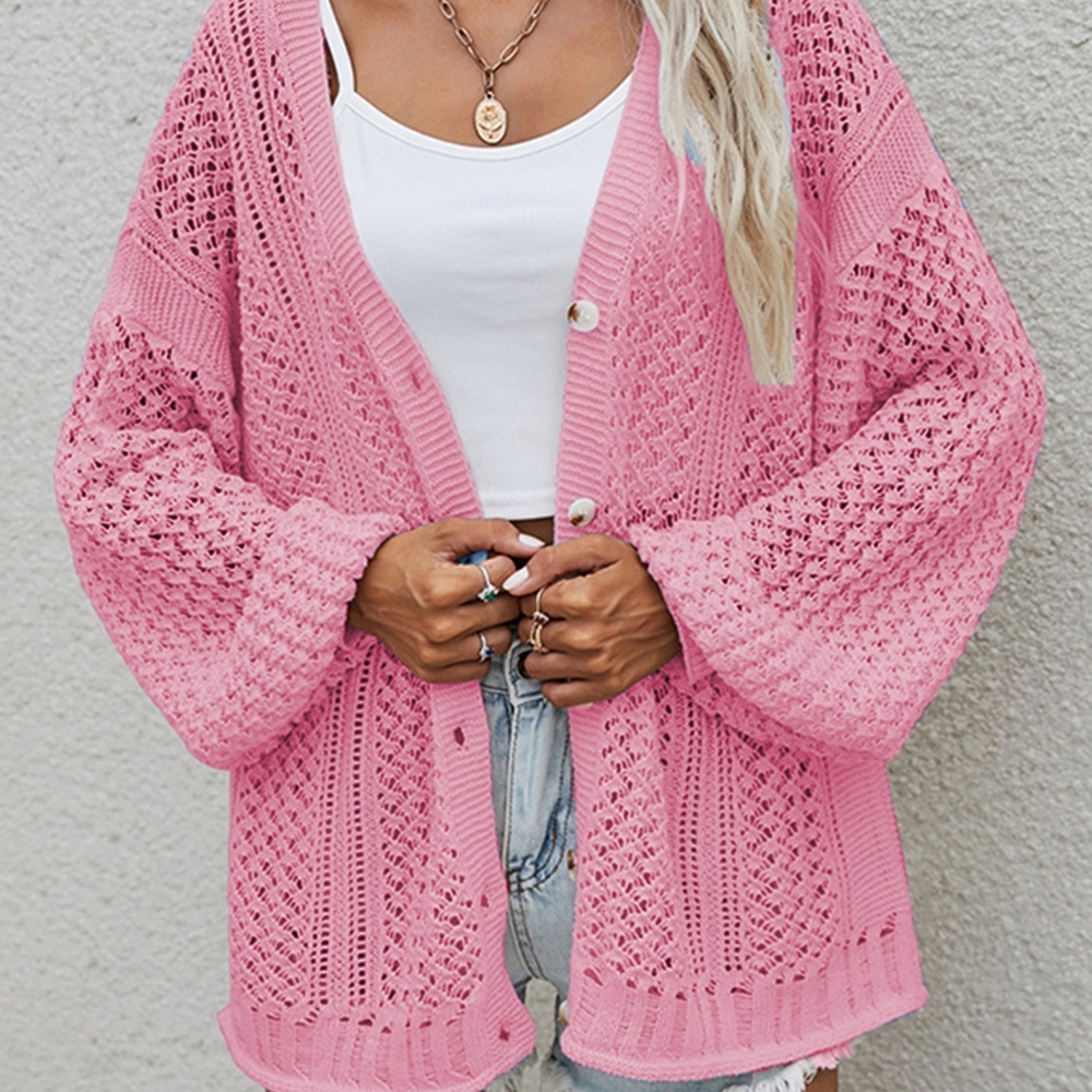 Chunky Knit Pink Cardigan with Balloon Sleeves-Openwork Button Front Cardigan
